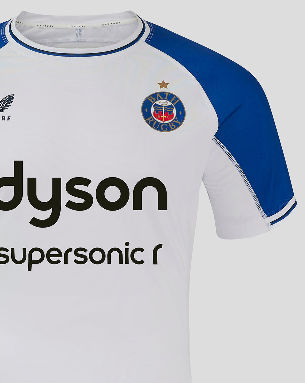 Front view of Bath Rugby away pro shirt white body blue sleeves Dyson sponsor across the chest.