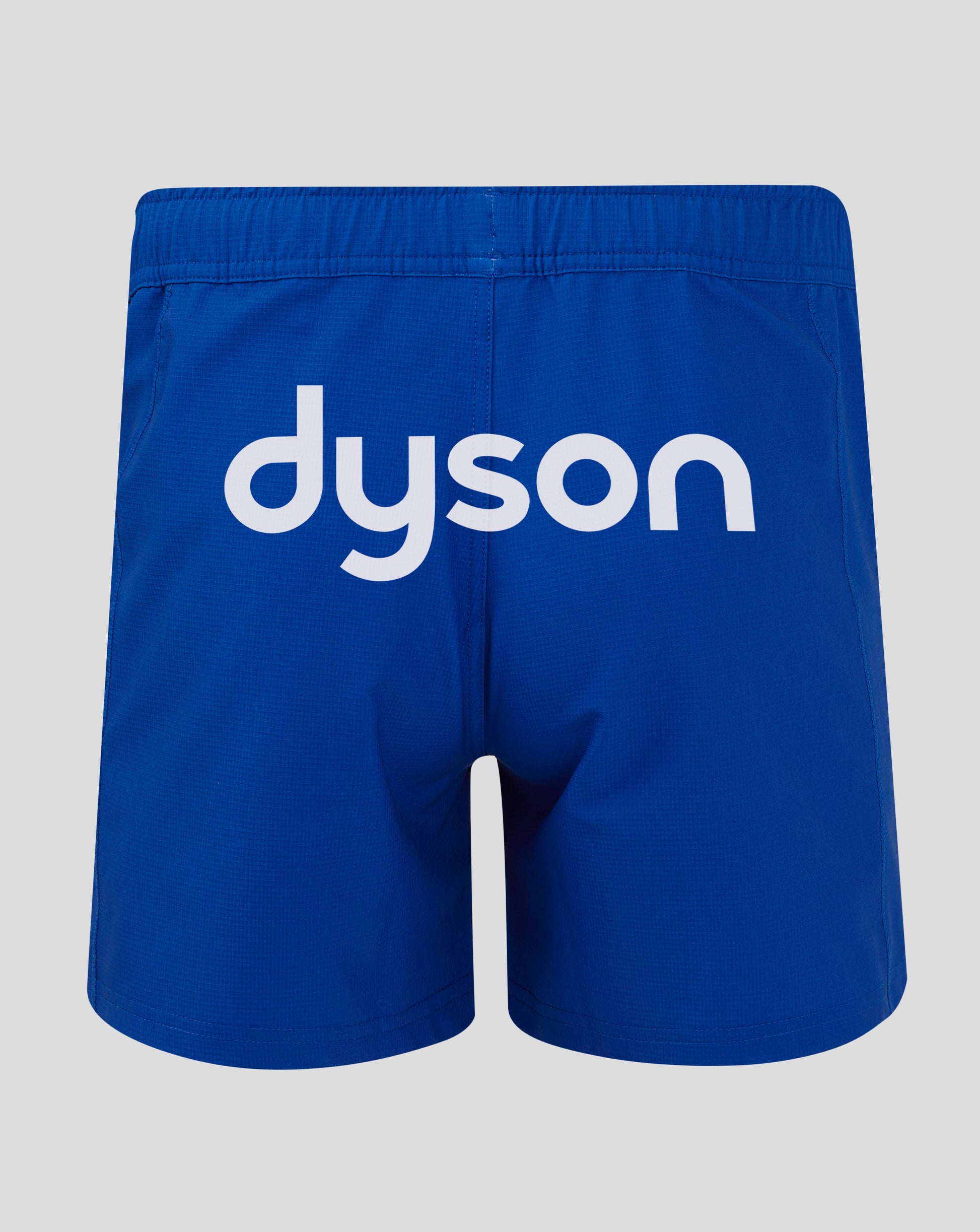 Rear view of Bath Rugby Away Pro Shorts in blue with large white sponsor text across the back