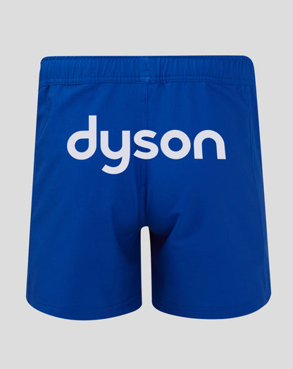 Rear view of Bath Rugby Away Pro Shorts in blue with large white sponsor text across the back