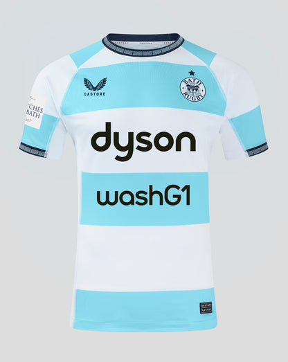 Bath Rugby Euro Pro short sleeve jersey in white and light blue with Castore logo on left chest and Bath Rugby crest on right chest