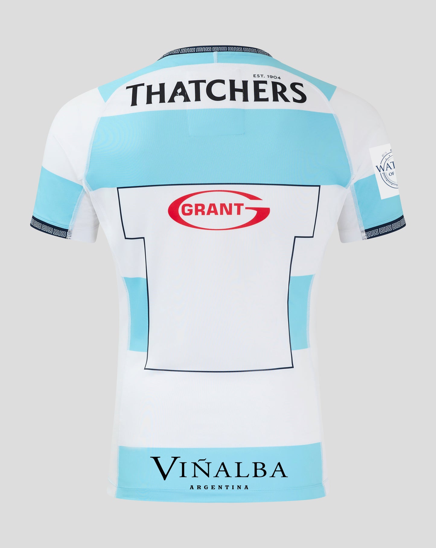 Back view of Bath Rugby Euro Pro Shirt 24/25 in white and sky blue with THATCHERS across the upper back and Viñalba label at lower back.