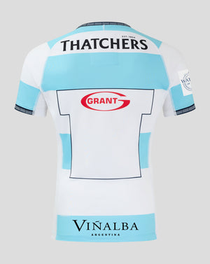 Back view of Bath Rugby Euro Pro Shirt 24/25 in white and sky blue with THATCHERS across the upper back and Viñalba label at lower back.