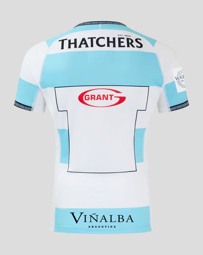 Back view of Bath Rugby Euro Pro Shirt 24/25 in white and sky blue with THATCHERS across the upper back and Viñalba label at lower back.