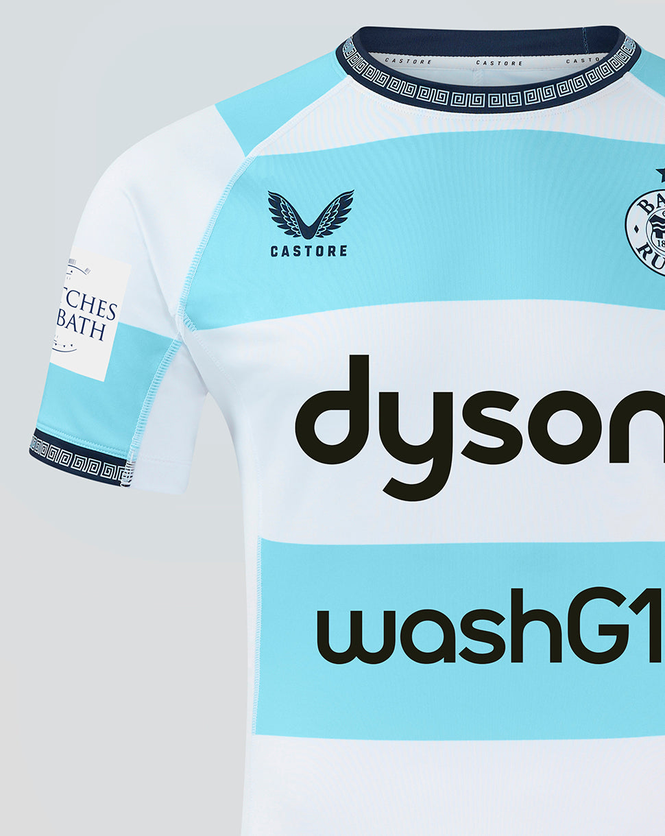 Front view of Bath Rugby Euro Pro Shirt 24/25 with sky blue panels, Castore logo on left chest, and Dyson washG1 across the front.