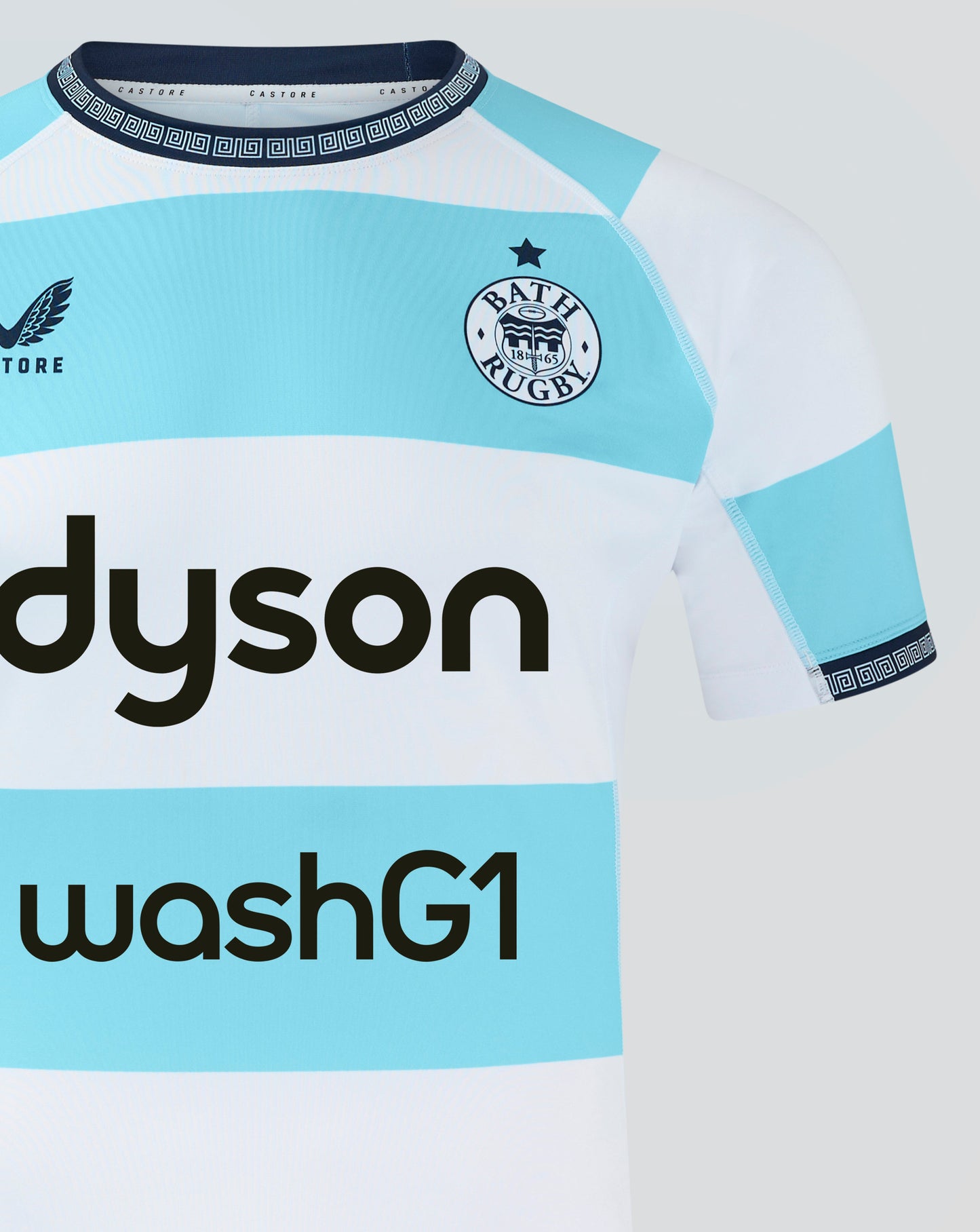 Close-up of Bath Rugby Euro Pro Shirt 24/25 front with blue chest panel Castore logo and Bath Rugby crest and Dyson washG1 text.