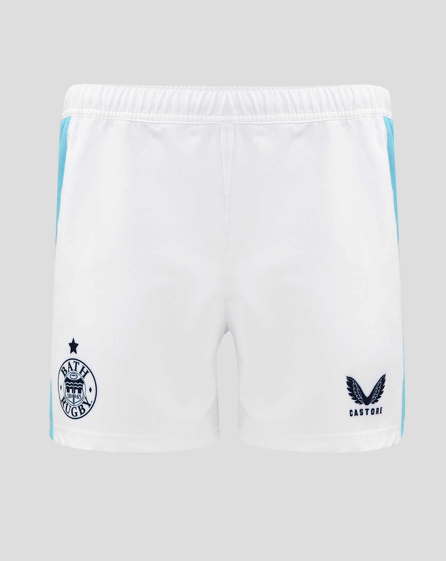 Back view of white Bath Rugby Euro Pro Shorts with turquoise side panels and Bath Rugby crest along with Castore logo
