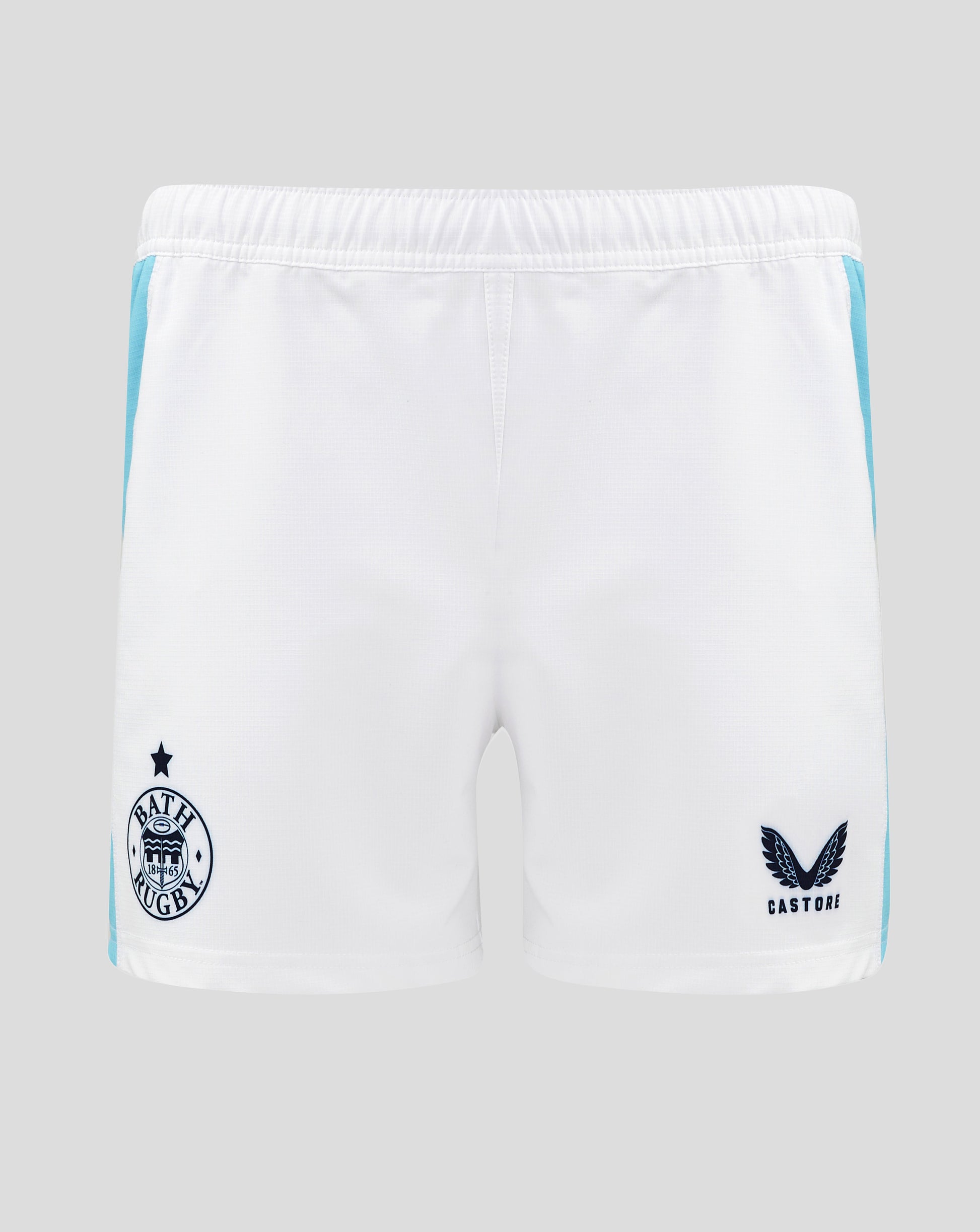 Back view of white Bath Rugby Euro Pro Shorts with turquoise side panels and Bath Rugby crest along with Castore logo