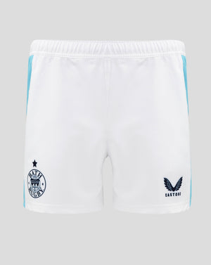 Back view of white Bath Rugby Euro Pro Shorts with turquoise side panels and Bath Rugby crest along with Castore logo