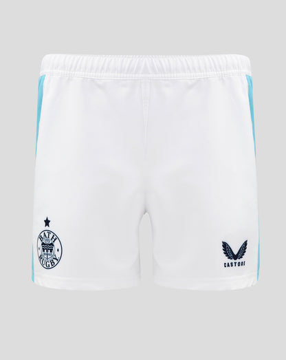 Back view of white Bath Rugby Euro Pro Shorts with turquoise side panels and Bath Rugby crest along with Castore logo