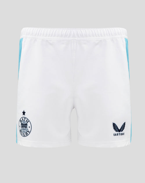 Back view of white Bath Rugby Euro Pro Shorts with turquoise side panels and Bath Rugby crest along with Castore logo