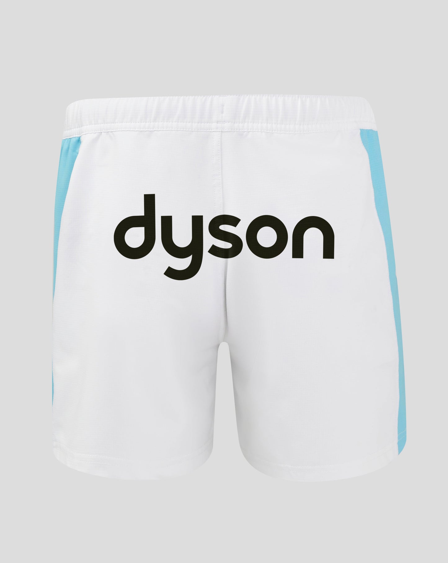 White Bath Rugby Euro Pro shorts with light blue side panels and a dyson logo across the back