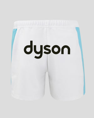 White Bath Rugby Euro Pro shorts with light blue side panels and a dyson logo across the back