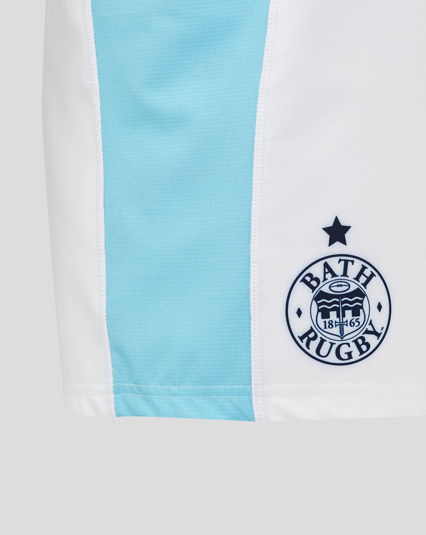 Back view of Bath Rugby Euro Pro shorts showing blue side panels and Bath Rugby crest on the right thigh