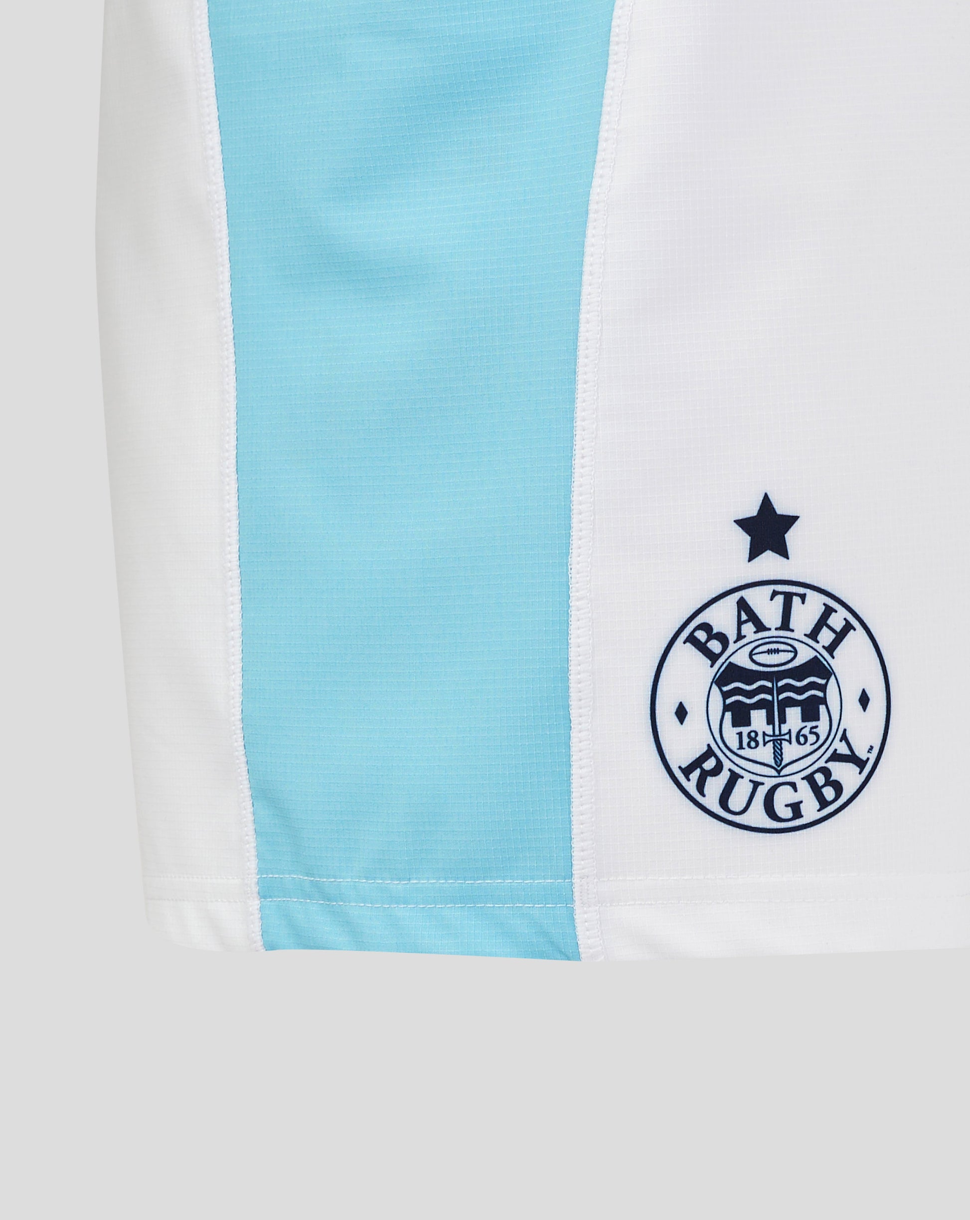 Back view of Bath Rugby Euro Pro shorts showing blue side panels and Bath Rugby crest on the right thigh