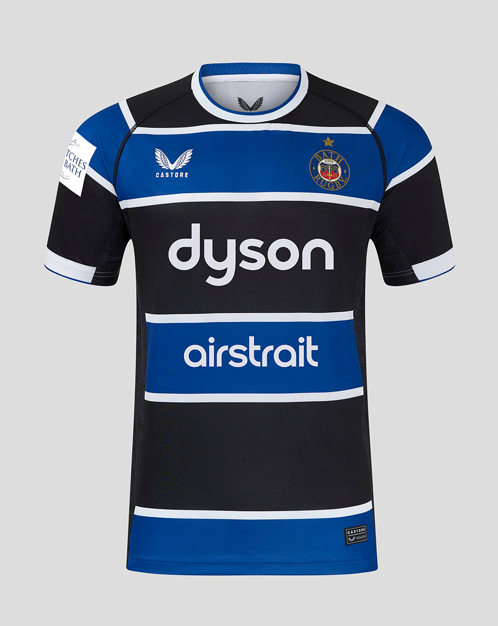 Front view of Bath Rugby Home Shirt with blue white black stripes, Castore on left chest, Bath Rugby crest on right, and dyson and airstrait across the chest.
