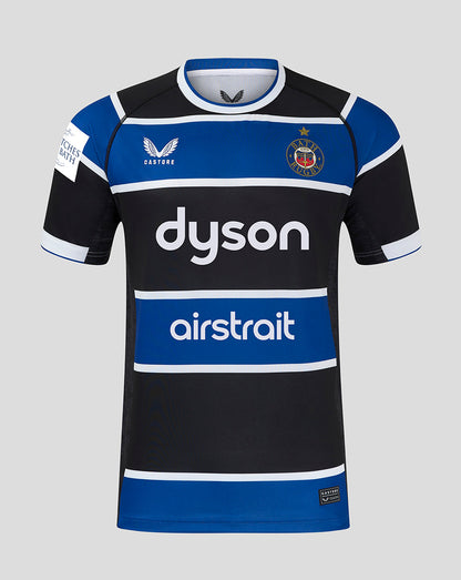 Front view of Bath Rugby Home Shirt with blue white black stripes, Castore on left chest, Bath Rugby crest on right, and dyson and airstrait across the chest.
