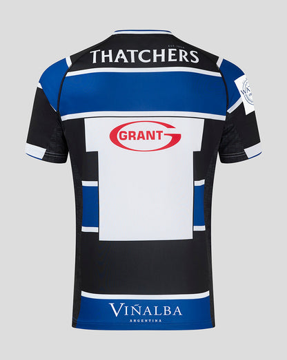 Bath Rugby Home Jersey back view with THATCHERS across the shoulders and a prominent GRANT sponsor panel