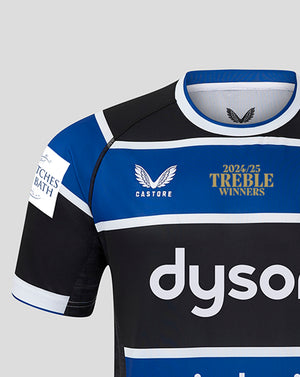 Bath Rugby 24/25 Treble Winners replica home jersey close up with crest and Dyson sponsor
