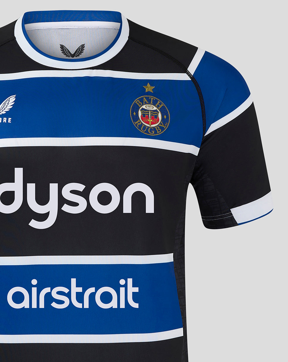 Bath Rugby Home Jersey front view with Bath crest on the chest and Dyson sponsor across bold blue and black stripes