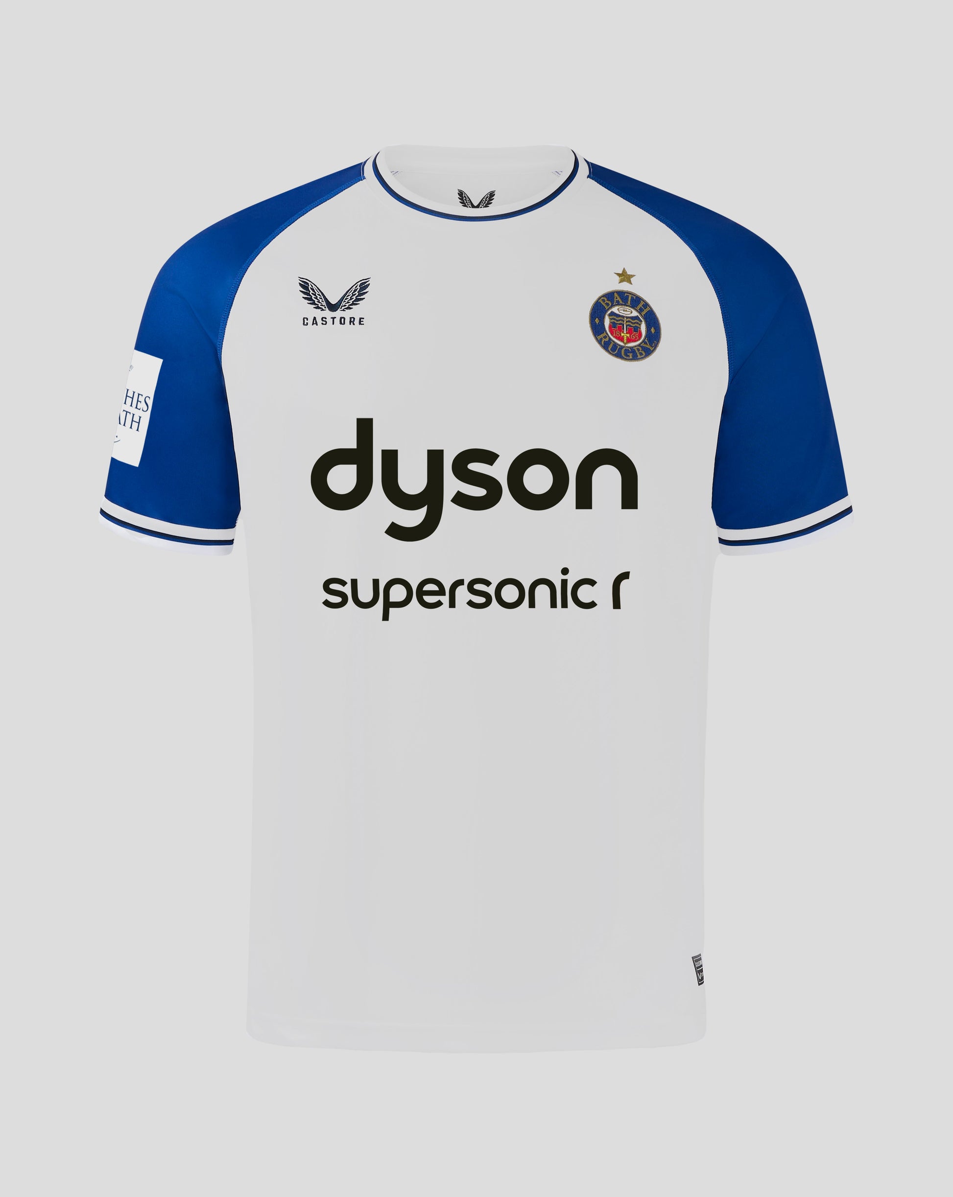 White Bath Rugby Away jersey with blue sleeves, crest on left chest, Castore branding on right chest and bold Dyson logo across front.