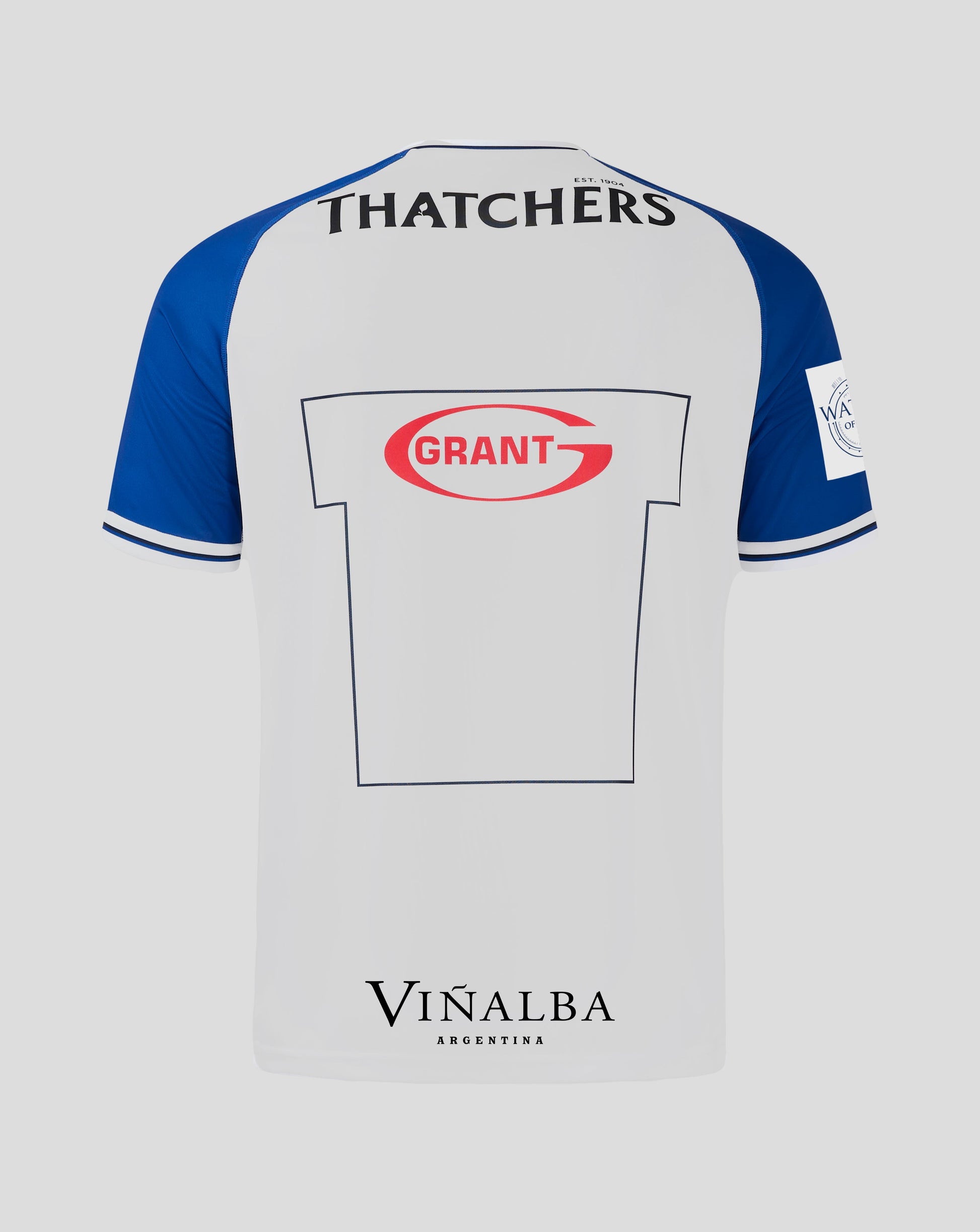 Bath Rugby away shirt back view with THATCHERS across upper back and Grant sponsor panel on lower back white body blue sleeves