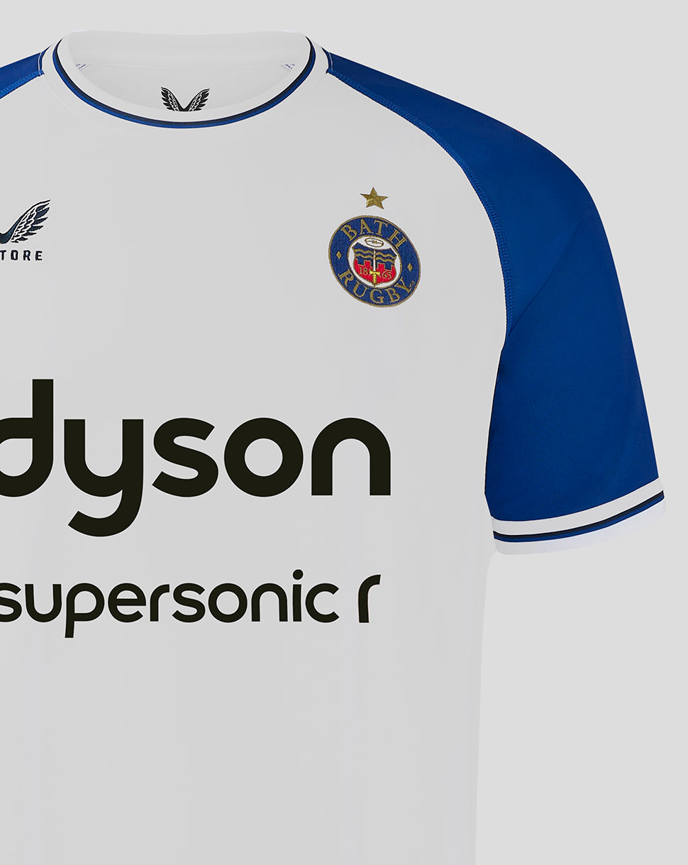 Bath Rugby away shirt front view in white with blue sleeves and large Dyson sponsor across chest Bath crest left chest Castore branding right chest