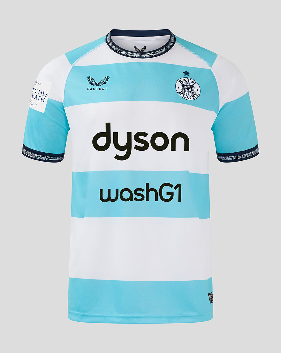 Front view of Bath Rugby Women's Euro Shirt 24/25 with turquoise and white stripes, Bath Rugby crest left chest with star, Castore branding and Dyson sponsor across chest