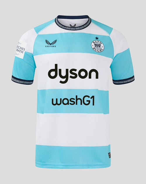 Front view of Bath Rugby Women's Euro Shirt 24/25 with turquoise and white stripes, Bath Rugby crest left chest with star, Castore branding and Dyson sponsor across chest