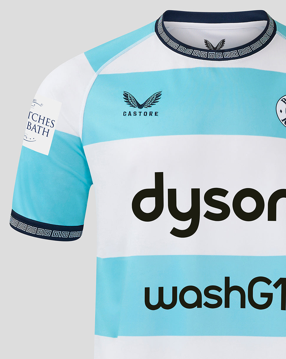 Front view of Bath Rugby Euro shirt showing Dyson sponsor across chest and Bath Rugby crest on left chest