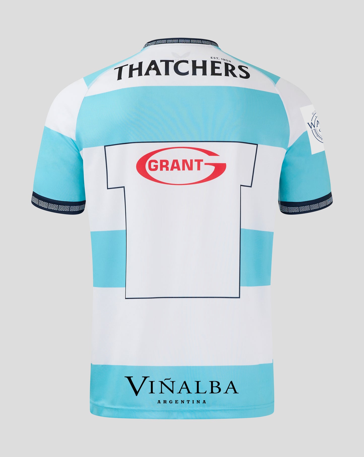 Back view of Bath Rugby Euro shirt with white and light blue panels and prominent Thatchers text and Grant sponsor block
