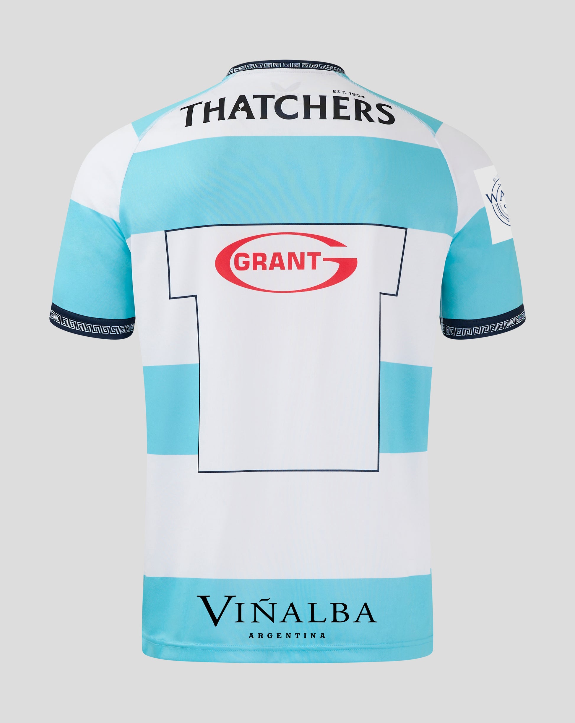 Back view of Bath Rugby Euro shirt with white and light blue panels and prominent Thatchers text and Grant sponsor block