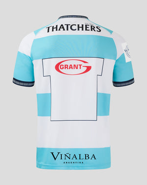 Back view of Bath Rugby Euro shirt with white and light blue panels and prominent Thatchers text and Grant sponsor block