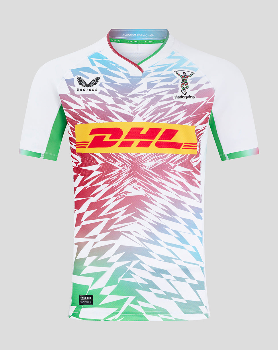 Front view of Harlequins Away Pro shirt with multicoloured diamond print and DHL across chest.