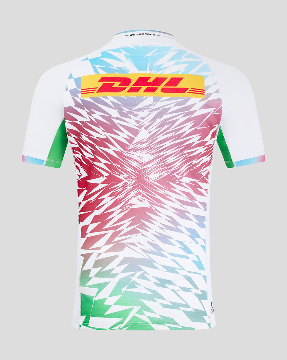 Back view of Harlequins Away Pro Shirt featuring bold DHL sponsor logo and vibrant geometric pattern across the back