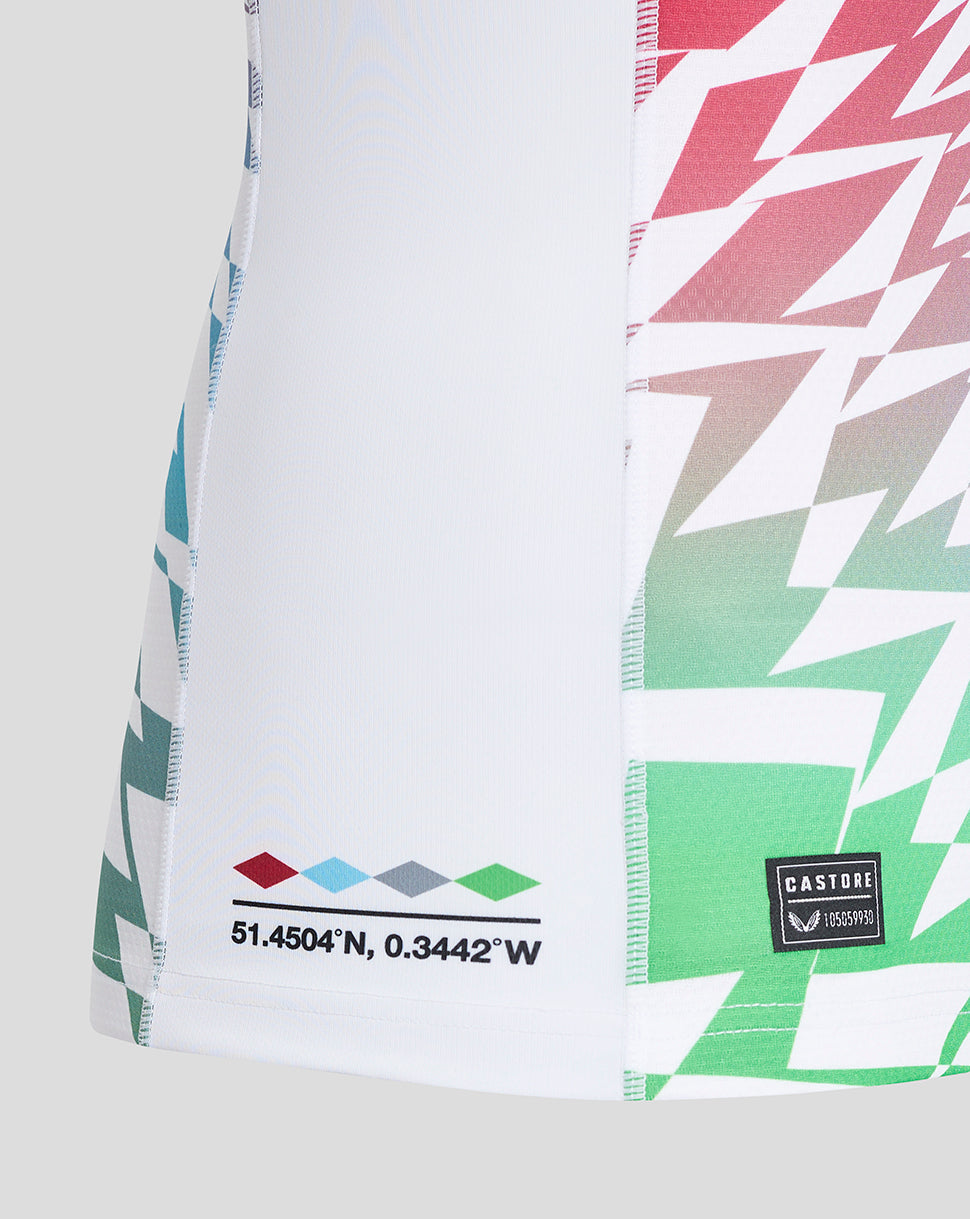 Harlequins Away Pro Short Sleeve Shirt front view with diamond print, ombre cuffs, crest left chest and Castore logo