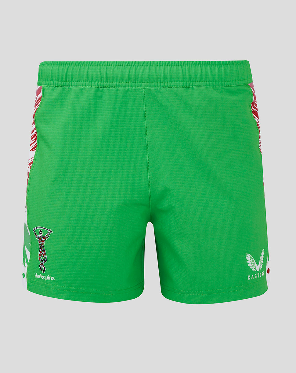 Bright green Harlequins away shorts with side patterned panels and Harlequins crest on left leg and Castore branding on right leg.