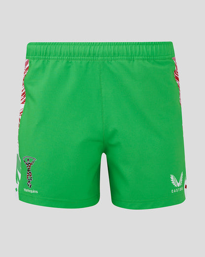 Bright green Harlequins away shorts with side patterned panels and Harlequins crest on left leg and Castore branding on right leg.