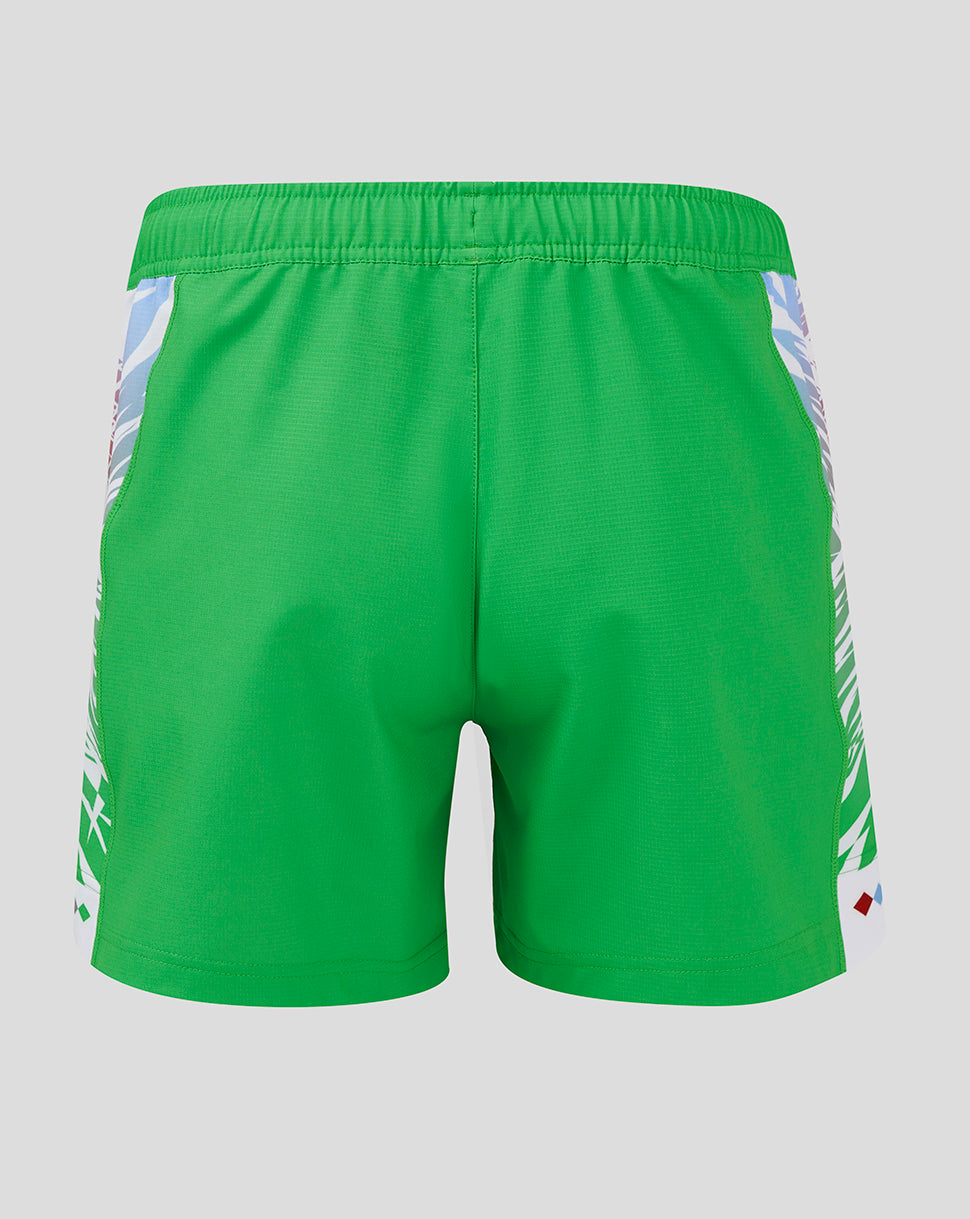 Back view of neon green Harlequins away shorts with white patterned side panels.