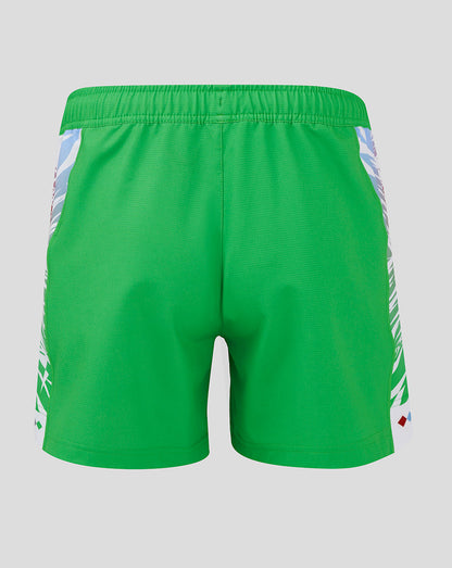 Back view of neon green Harlequins away shorts with white patterned side panels.