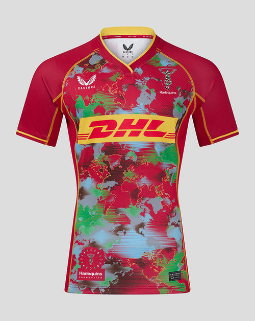 Front view of Harlequins Men's Pro Big Game Shirt 24/25 featuring a world map print DHL chest band Harlequins crest left chest and Castore logo right chest