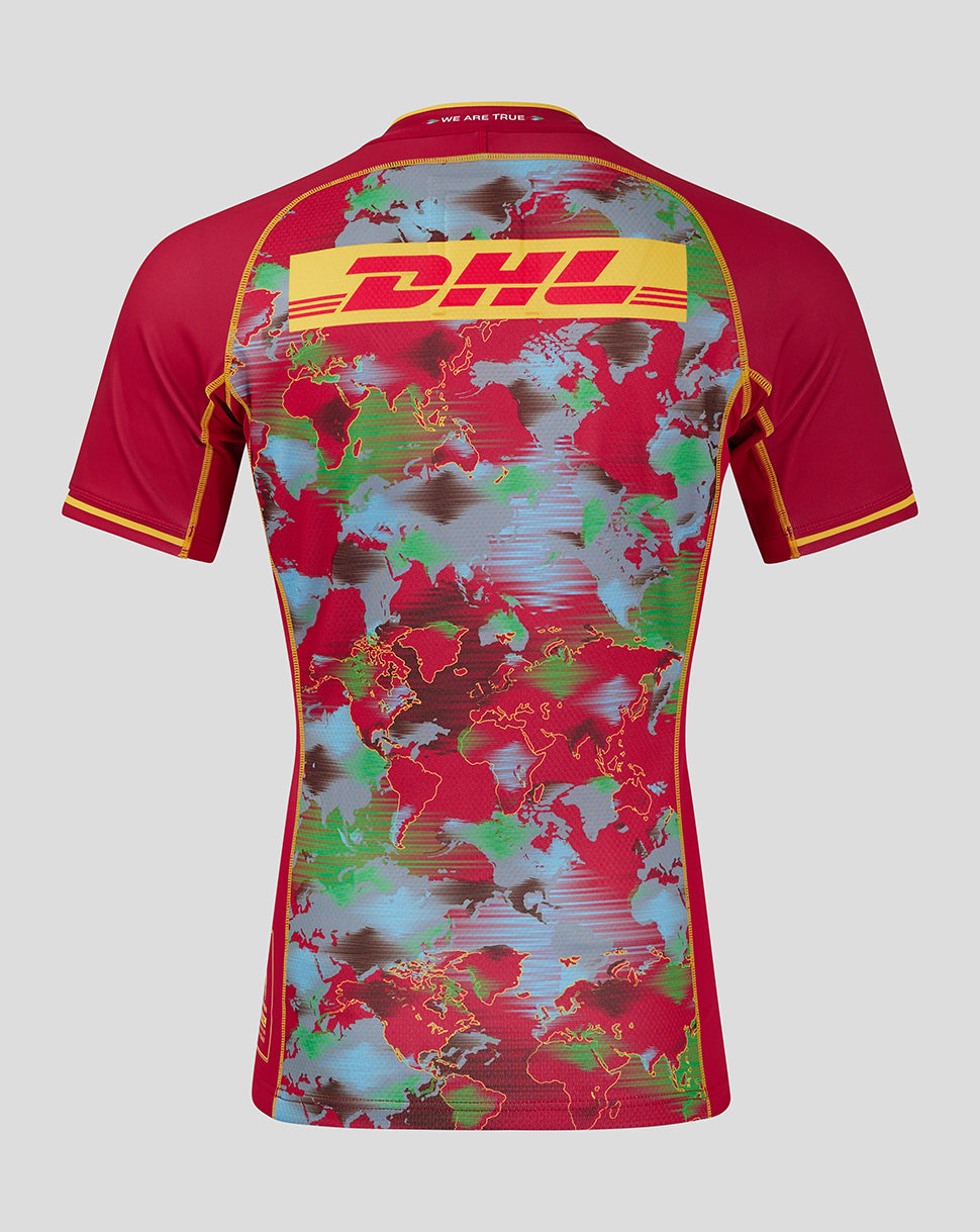 Back view of red Harlequins Pro Big Game Shirt with bold world map print and DHL logo across the back.