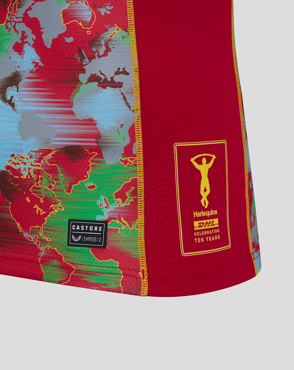 Close up of Harlequins Pro Big Game Shirt 24/25 showing multicolour world map print, DHL badge on red panel and Castore patch