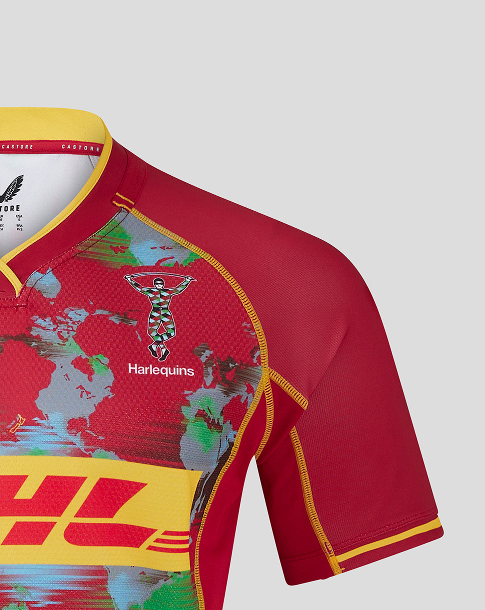 Front view of red Harlequins Pro Big Game Shirt 24/25 with world map print, crest on left chest and yellow DHL band.