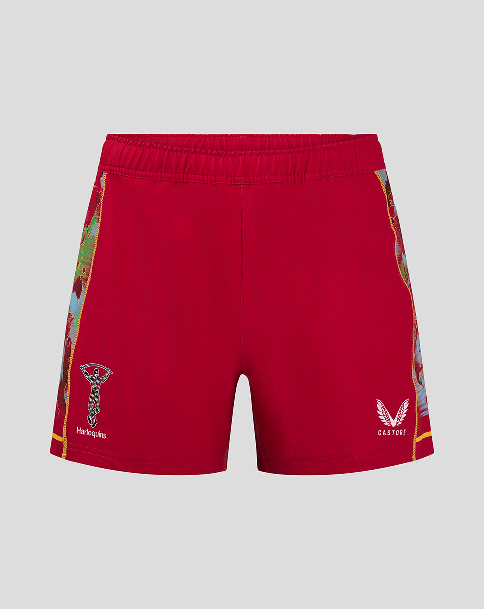 Red Harlequins Third Pro shorts with world map side panels, crest on the right thigh and Castore branding on the left thigh