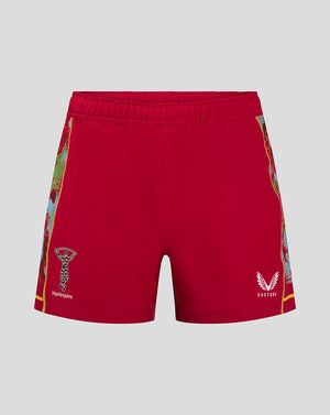 Red Harlequins Third Pro shorts with world map side panels, crest on the right thigh and Castore branding on the left thigh