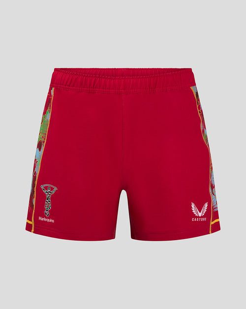Red Harlequins Third Pro shorts with world map side panels, crest on the right thigh and Castore branding on the left thigh