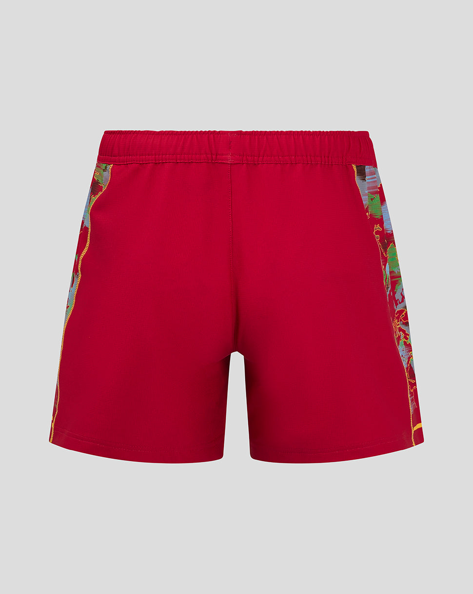 Back view of red Harlequins shorts with world map side panel and visible team logos