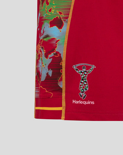 Left side view of red Harlequins shorts showing world map side panel and Harlequins crest