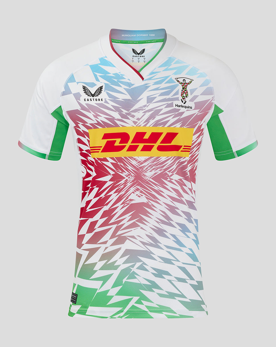 Harlequins Away Shirt front view with a multicolor diamond print, DHL sponsor, Harlequins crest and Castore branding.