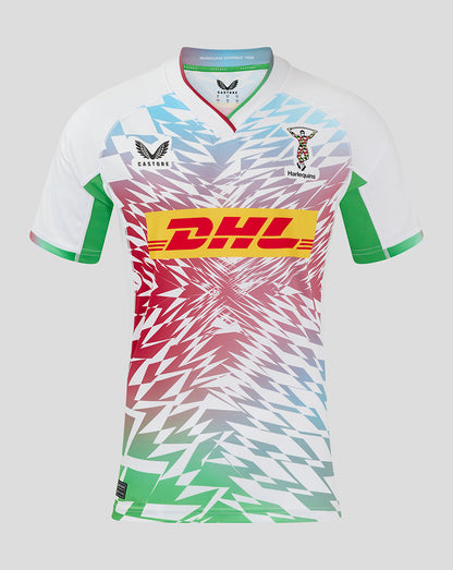 Harlequins Away Shirt front view with a multicolor diamond print, DHL sponsor, Harlequins crest and Castore branding.